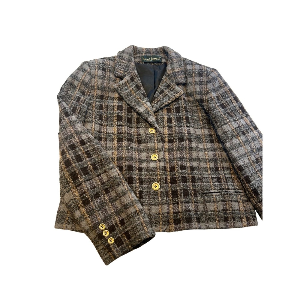 Harve Benard by Benard Holtzman Plaid Tweed Blazer Grey Brown Gold Button Jacket